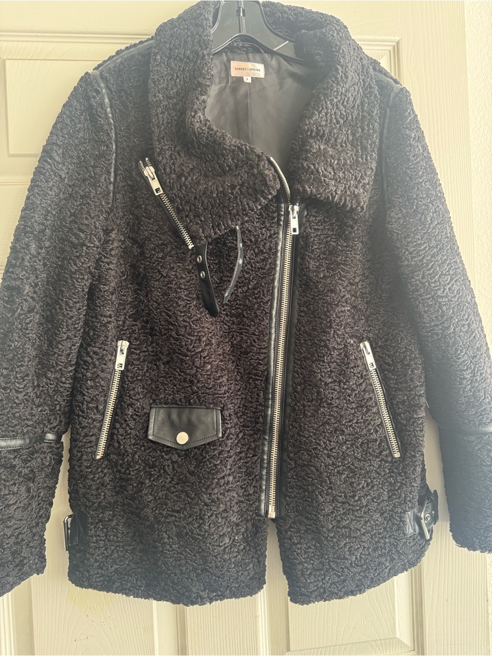 Black Teddy Moto Jacket with Zip Details